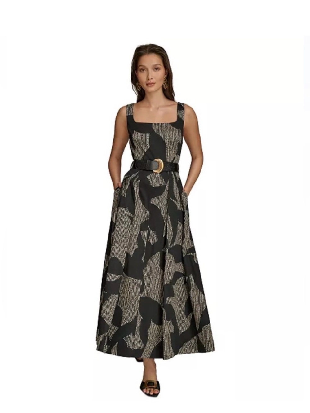 Donna Karan Black and Beige Printed Maxi Dress